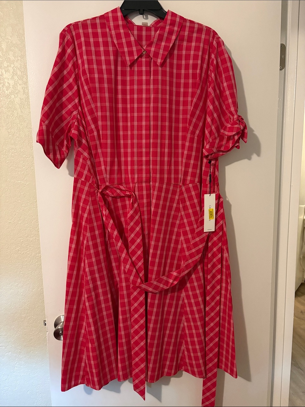 Calvin Klein Red Plaid Shirtwaist Dress with Waist Tie